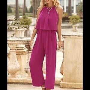Prettygarden Pink Halter Neck Wide Leg Jumpsuit XL Flowy Pockets
